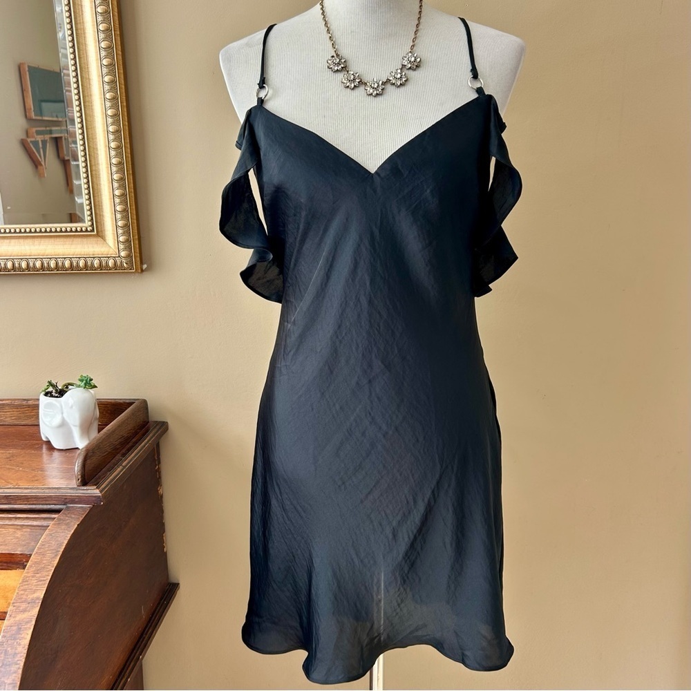 Free People Black Satin Ruffled Mini Dress Size Large L - Picture 2 of 14